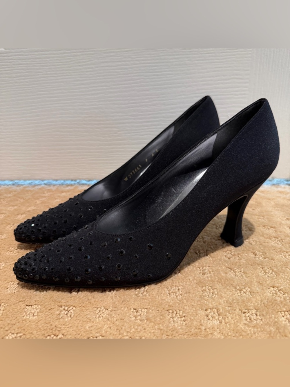 Vintage Stuart Weitzman black fabric pointed toe rhinestone embellished heels
